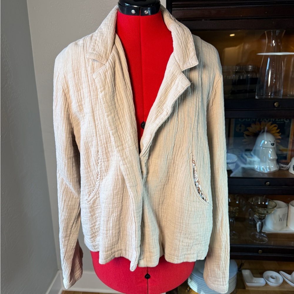 DownEast 100% Cotton Boho Textured Beige Casual Blazer Size L